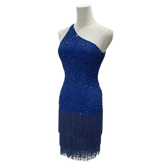 Mac Duggal Blue Fringe Sequin Dress Size 0 One Shoulder Party NYE Cocktail Glam - Picture 5 of 14